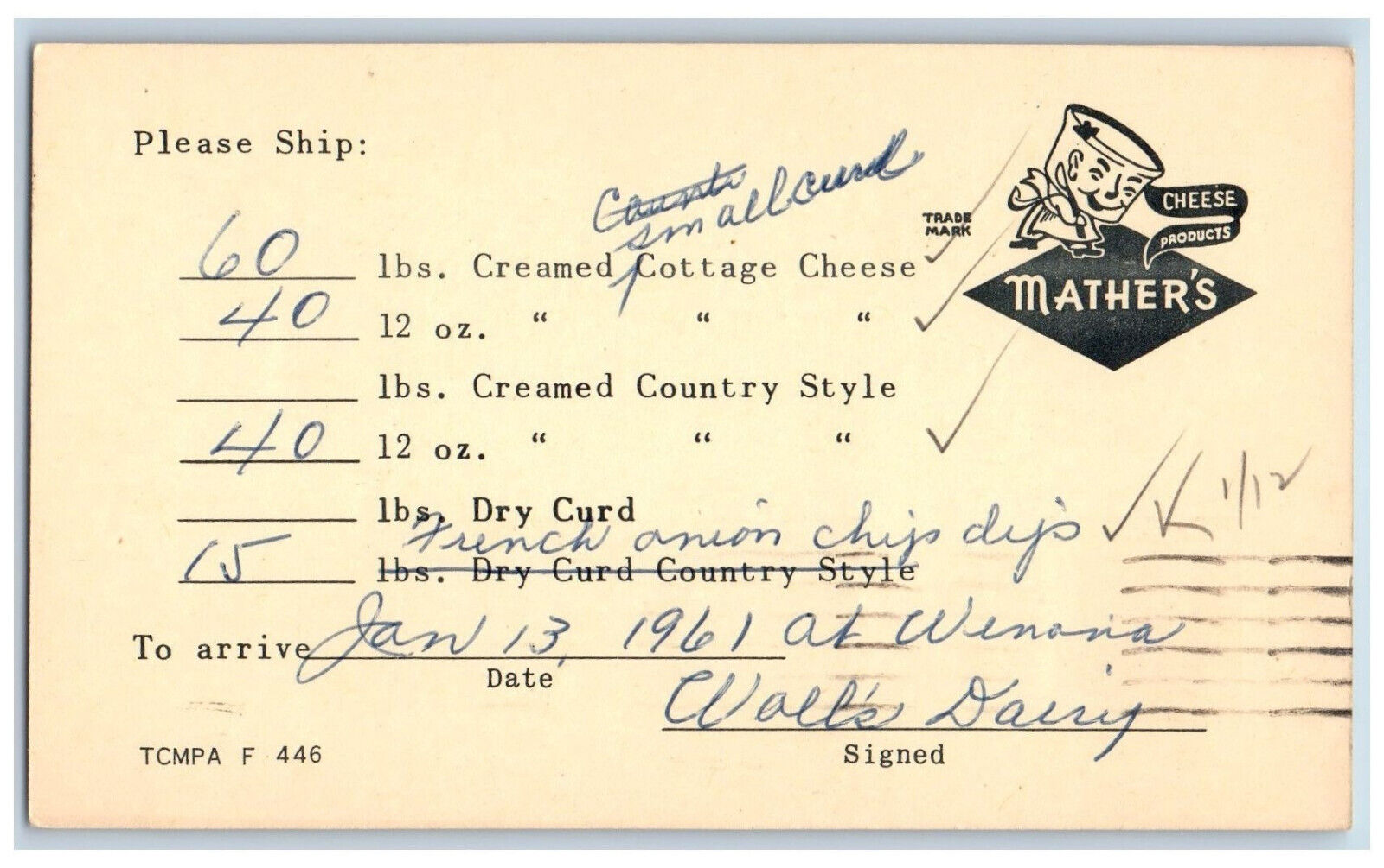 Rushford Minnesota MN St. Paul MN Postal Card Mather's Cheese Products 1961