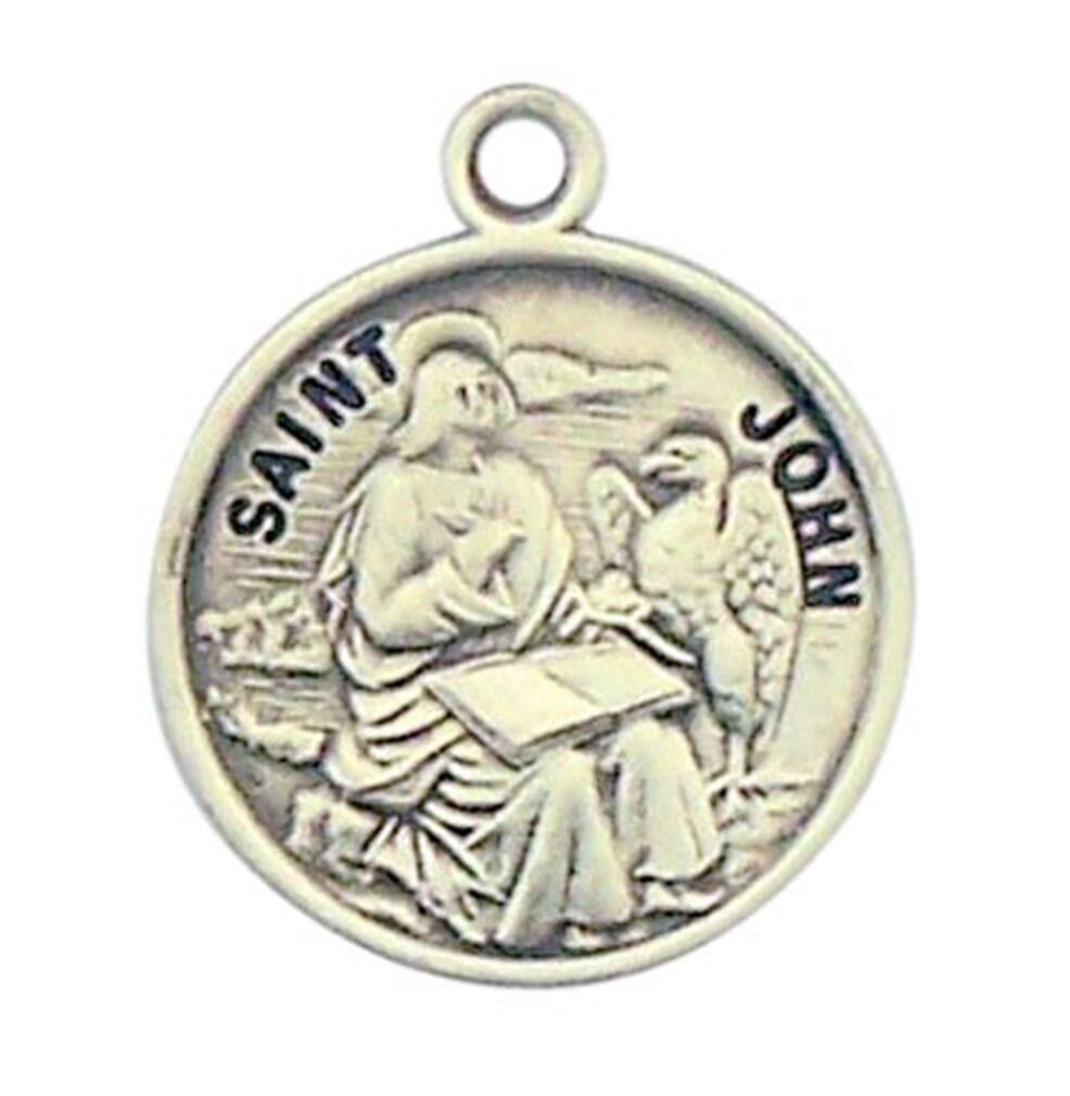 Patron Saint St John 7/8 Inch Sterling Silver Medal on Rhodium Plated Chain