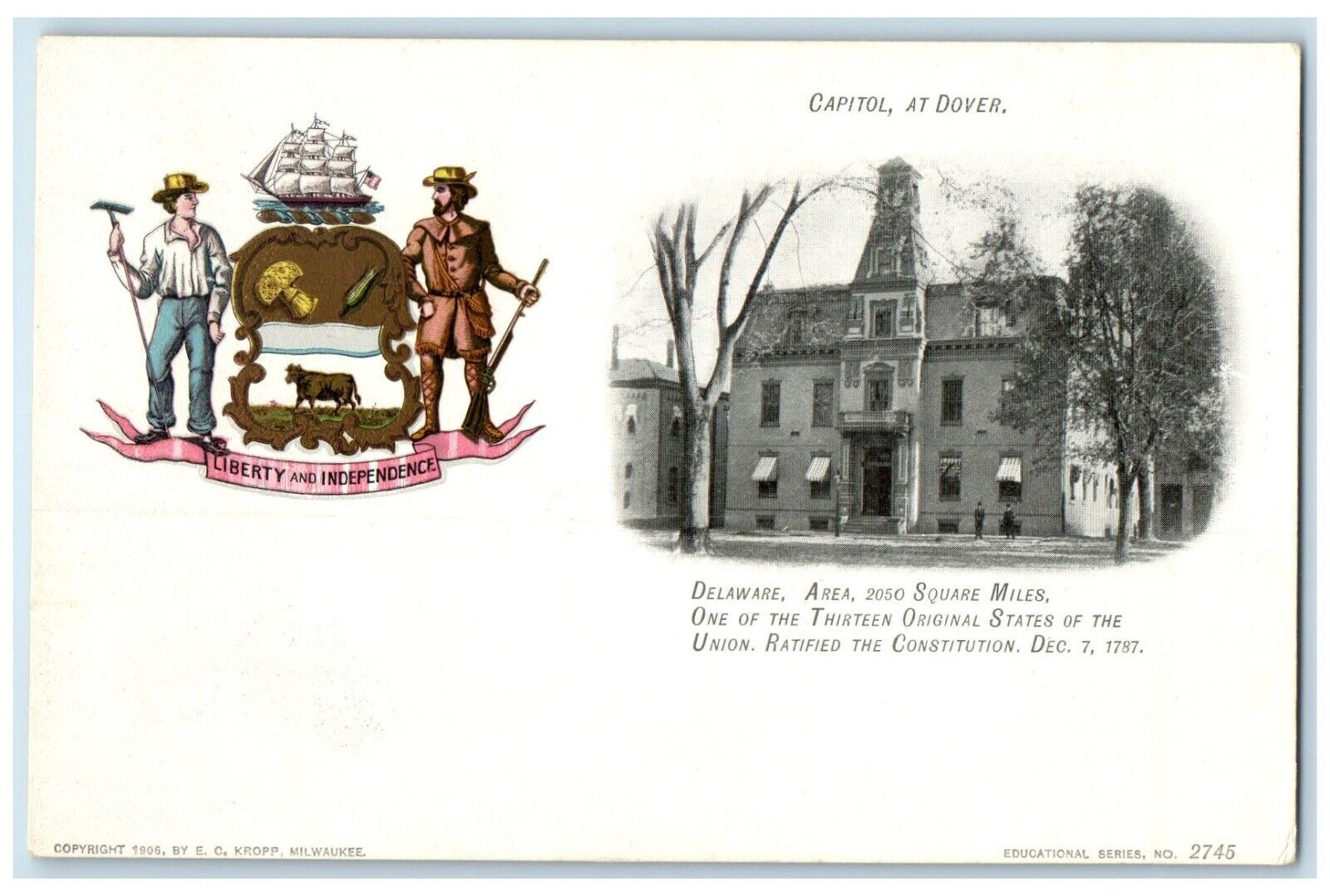 c1905 Square Miles Ratified Constitution Capitol Dover Delaware Vintage Postcard
