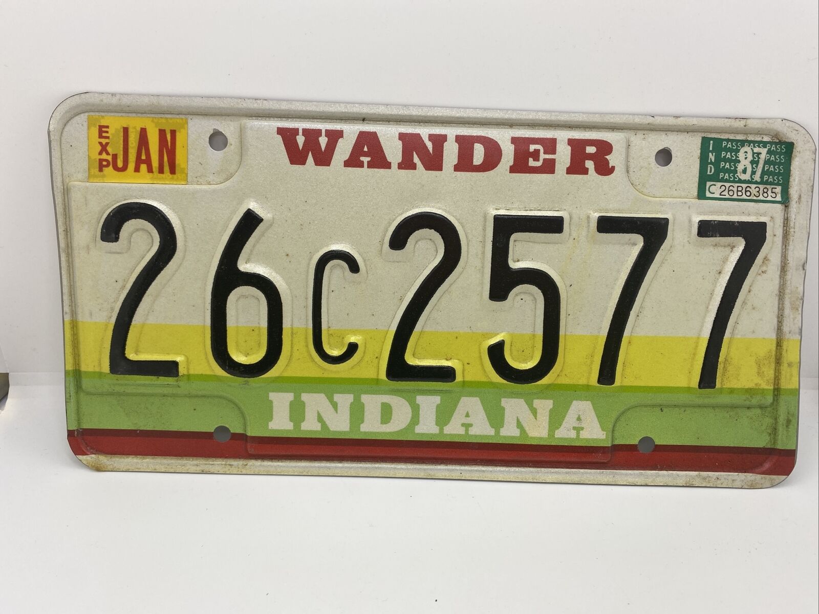 Vintage 1987 INDIANA Stamped Metal License Plate Wander