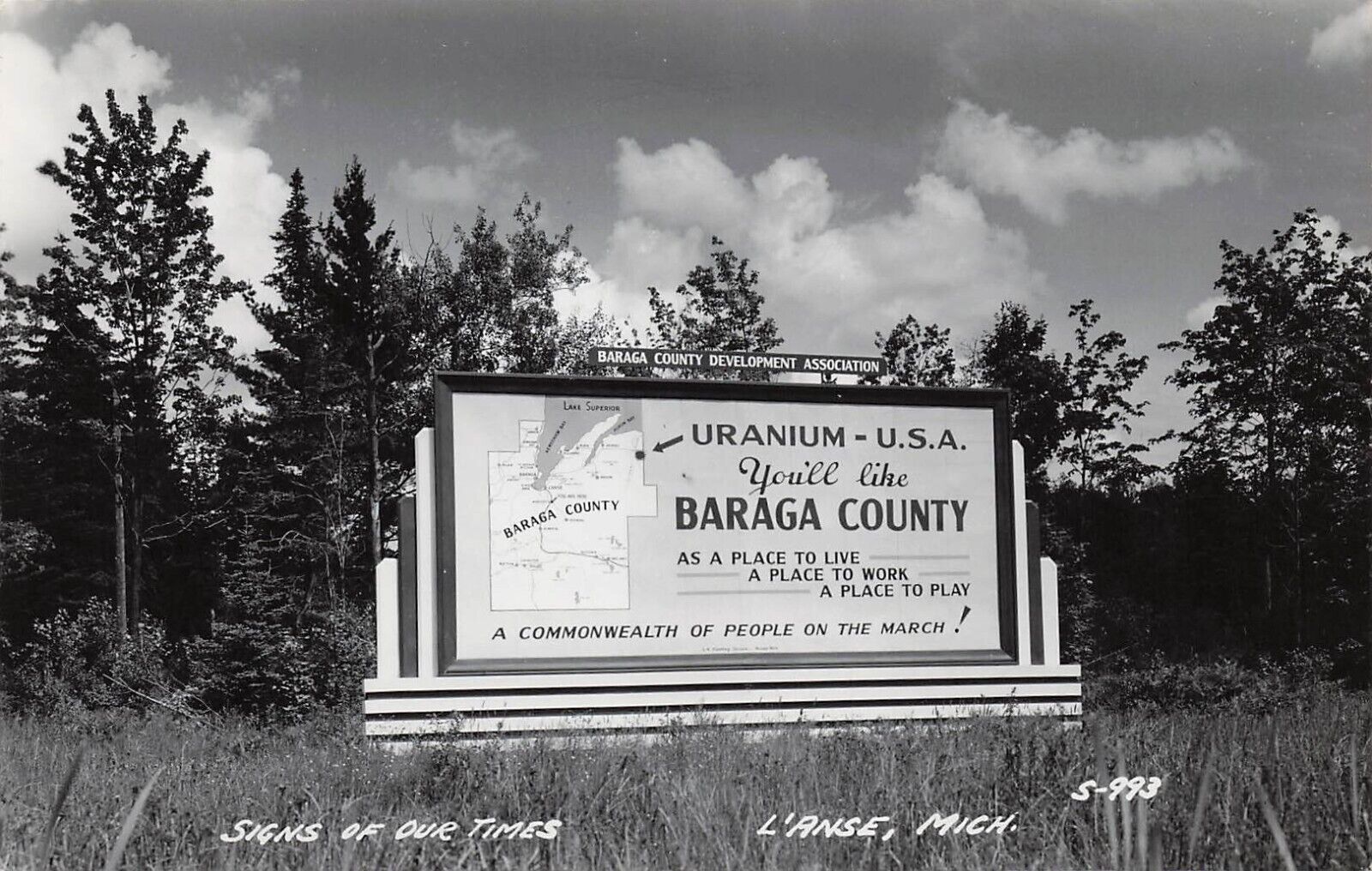 RPPC L'Anse MI Michigan Baraga County Welcome Sign Photo Postcard E5