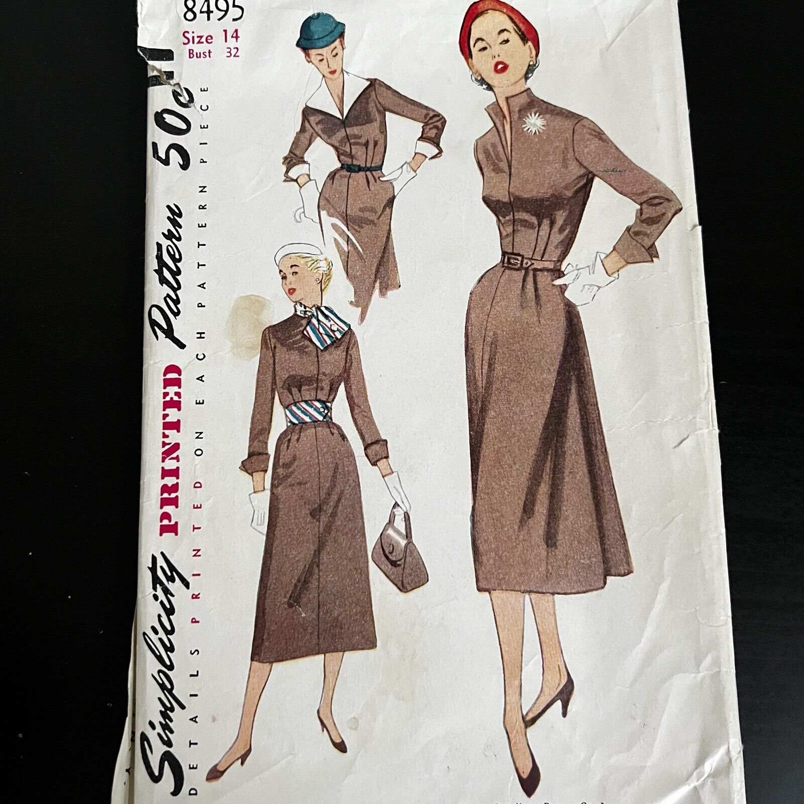 Vintage 1950s Simplicity 8495 Dress Scarf Belt Collar + Cuffs Sewing Pattern CUT
