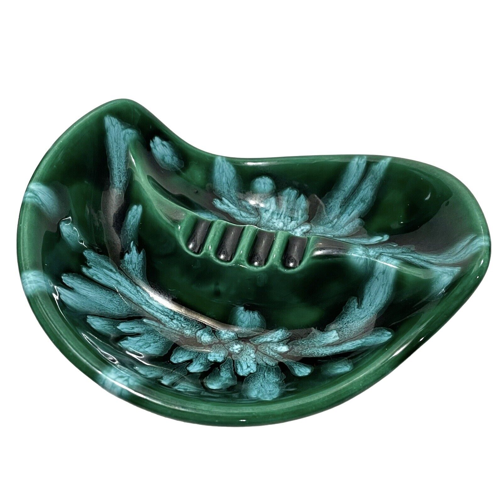 Vintage 1960s Arnel's Ceramic Freeform Ashtray by IP Green Blue Drip Glaze 03565