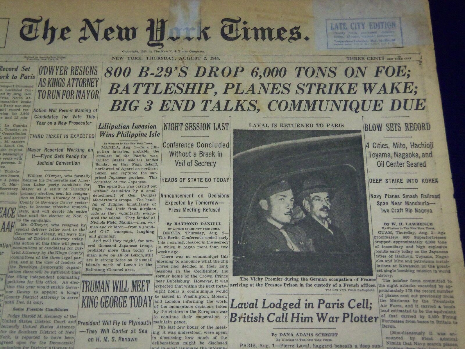1945 AUGUST 2 NEW YORK TIMES - BATTLESHIP, PLANES STRIKE WAKE - NT 622