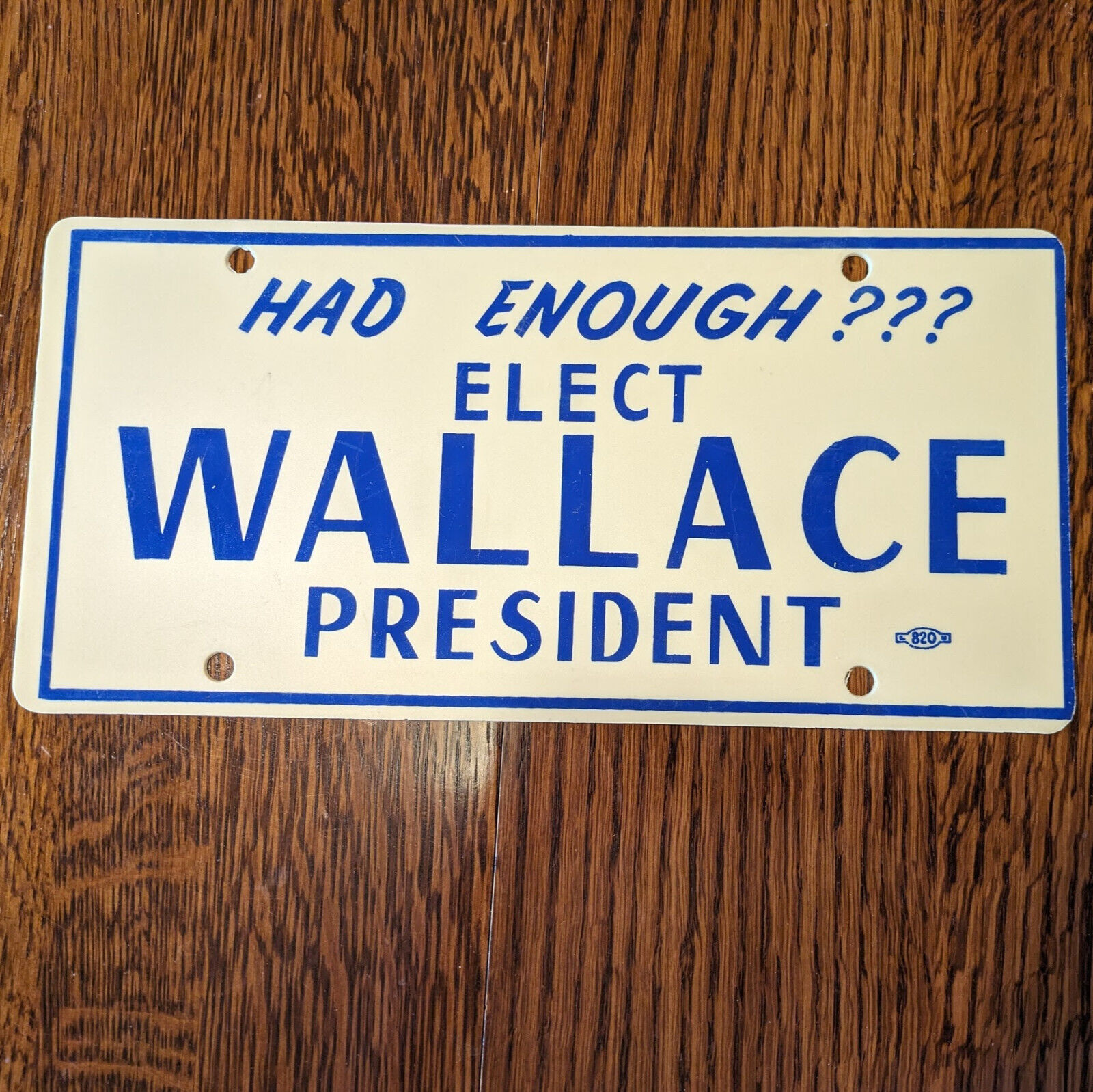 George Wallace for President License Plate Sign Plastic 1968  Blue