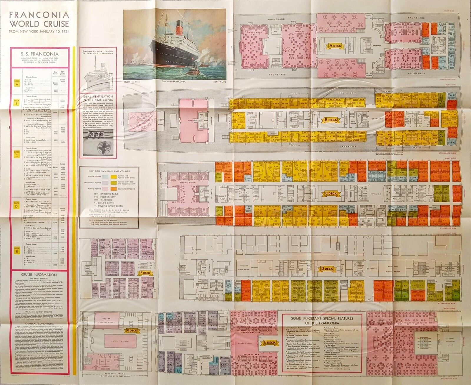 SS FRANCONIA Cunard Line 1931 World Cruise Brochure Fold Out Deck Plans