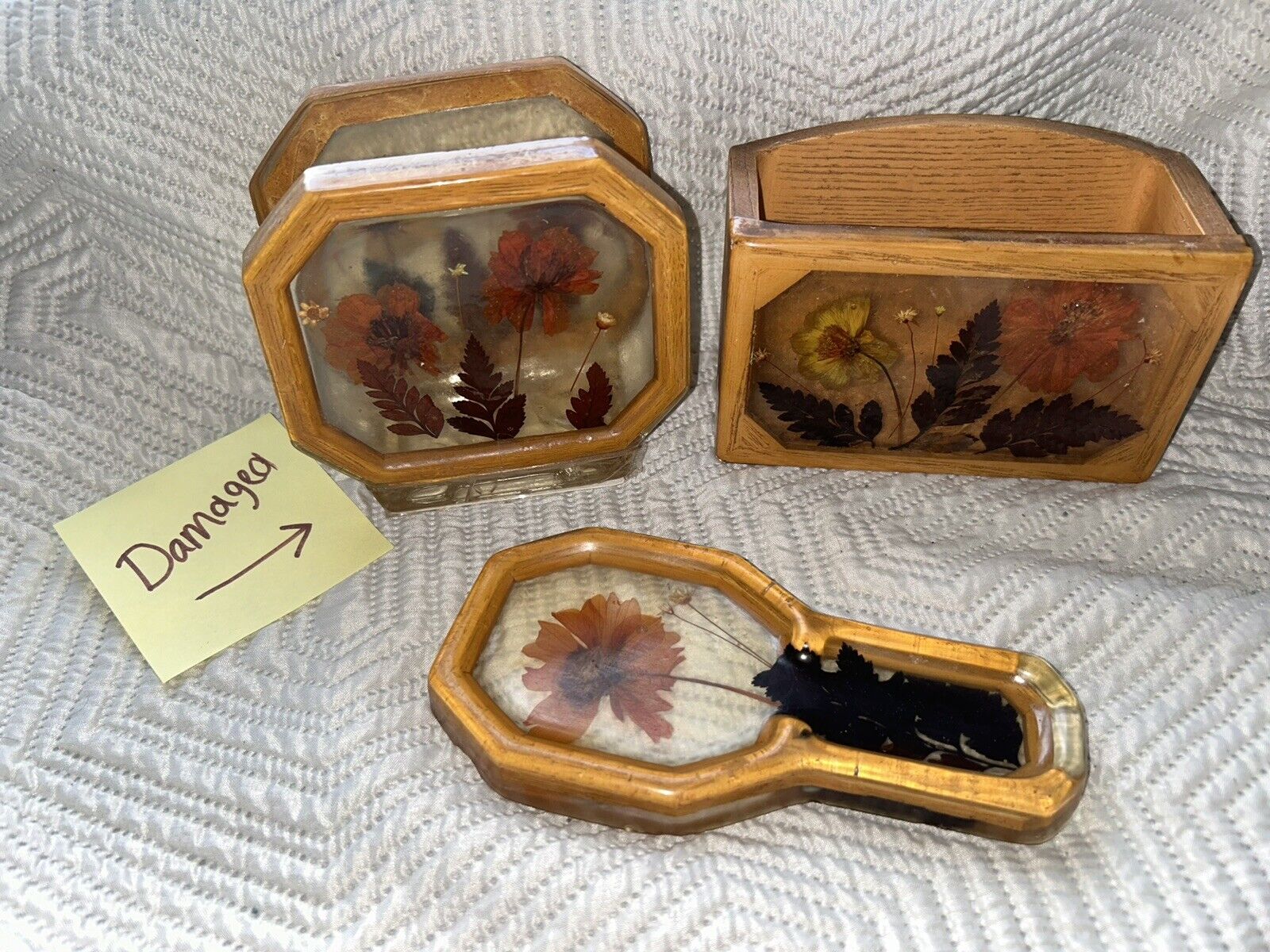 Vintage Resin Acrylic Napkin Holder Spoon Rest Holder Brown Pressed Flowers