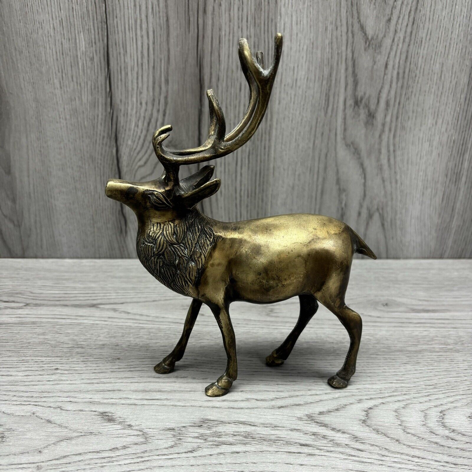 Vintage Brass Reindeer With Antlers 9” Tall Heavy MCM Decor Animals Deer