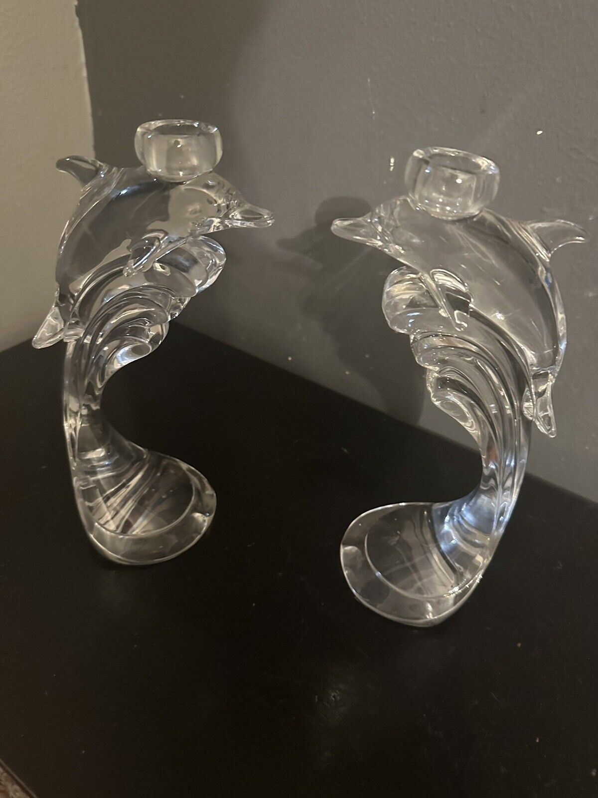 Pair Of Clear Crystal Dolphin Candleholders