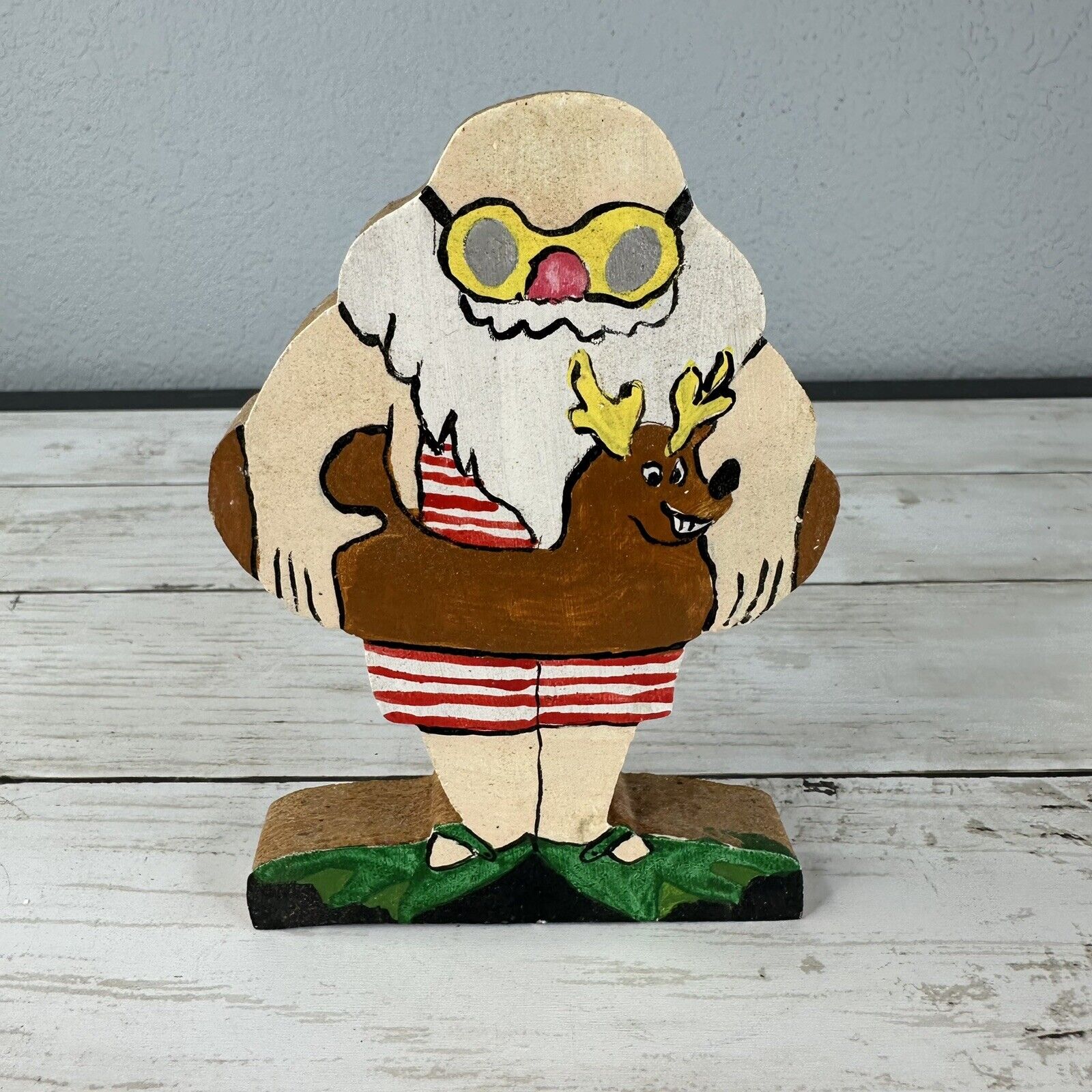 VTG Hand Painted Wood Santa Christmas Decor Folk Art Figurine Summer Swimming