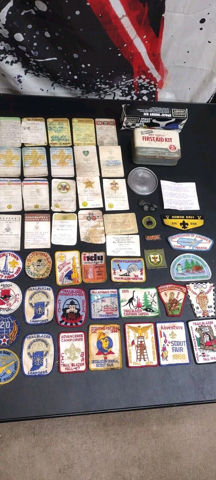 Vintage Boy Scout Lot - Patches - Ephemera - Derby Car - First Aid Tin - Pewter
