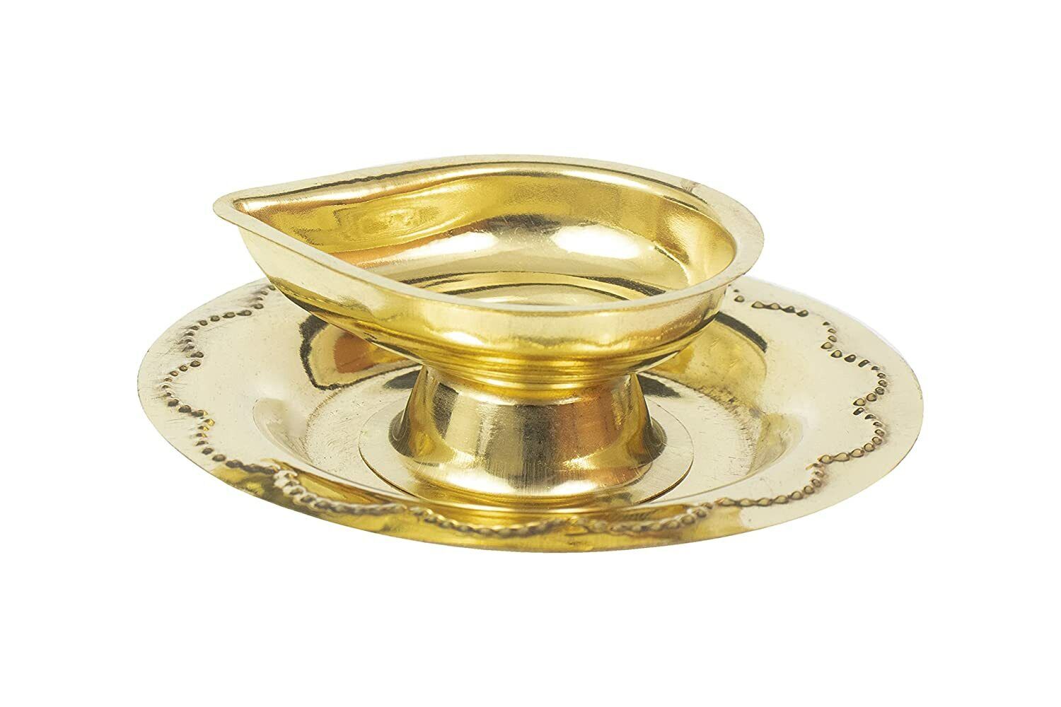 Indian Traditional Handcrafted Brass Diya Oil Lamp With Plate For Puja & Temple 