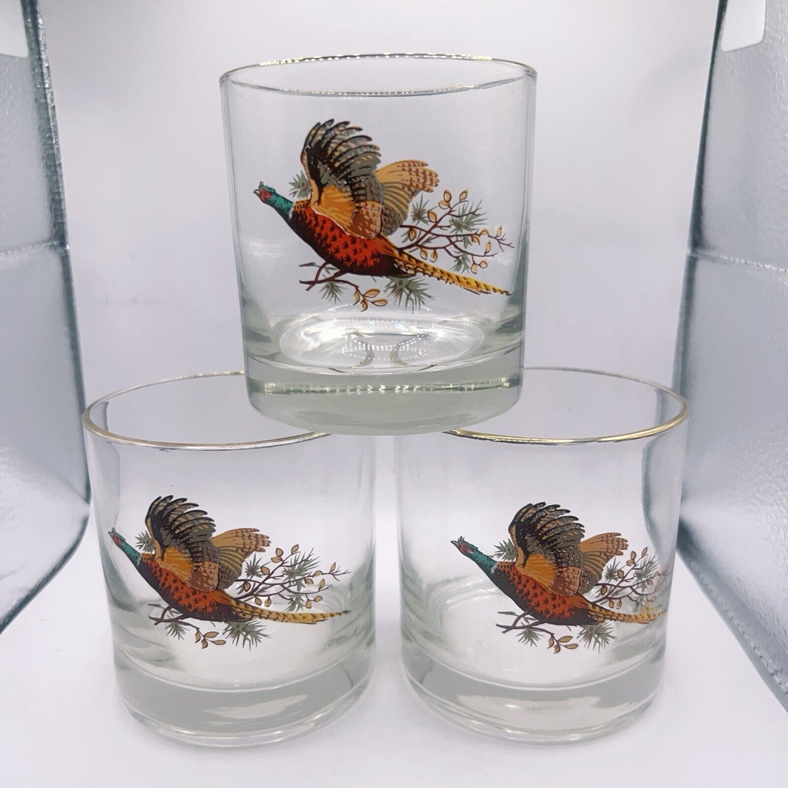 VTG Gold Rim Highball/juice Glasses Pheasant In Flight By Libbey 3.5” Lot Of 3