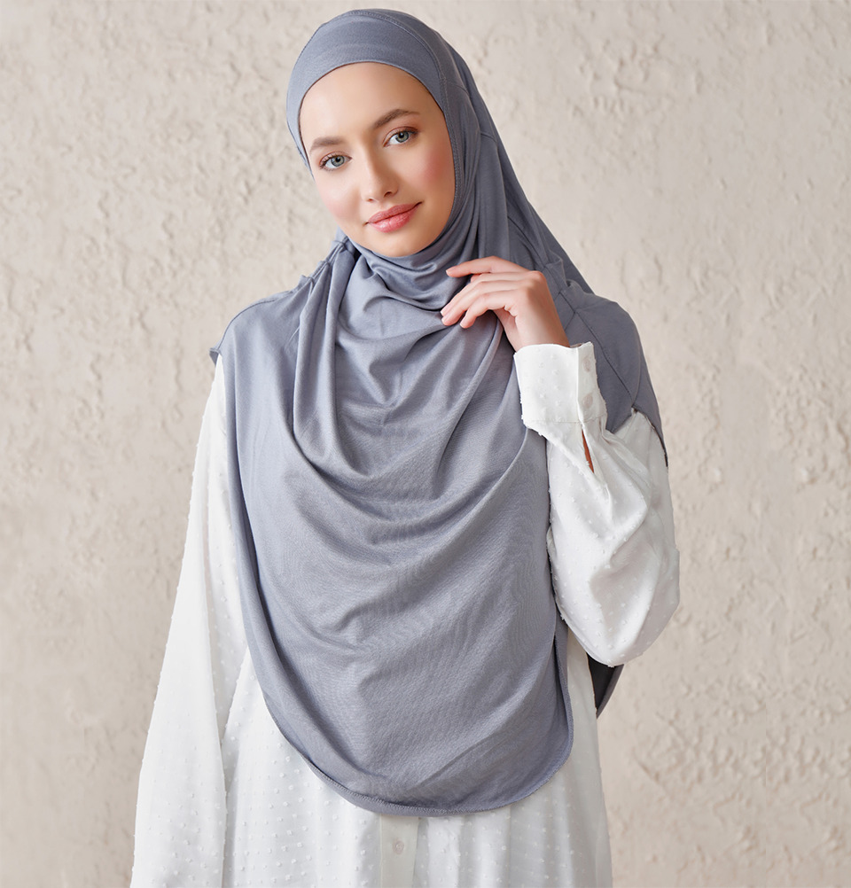 Modefa Long Pleated One Piece Instant Jersey Hijab - Gray
