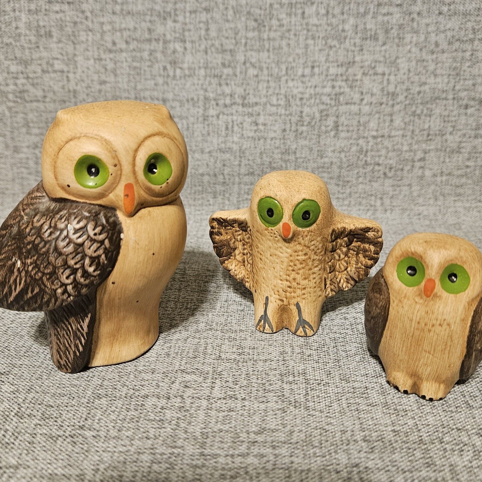 Vintage Owl Set of 3 MCM European Art Pottery Made in Portugal Green Eyes