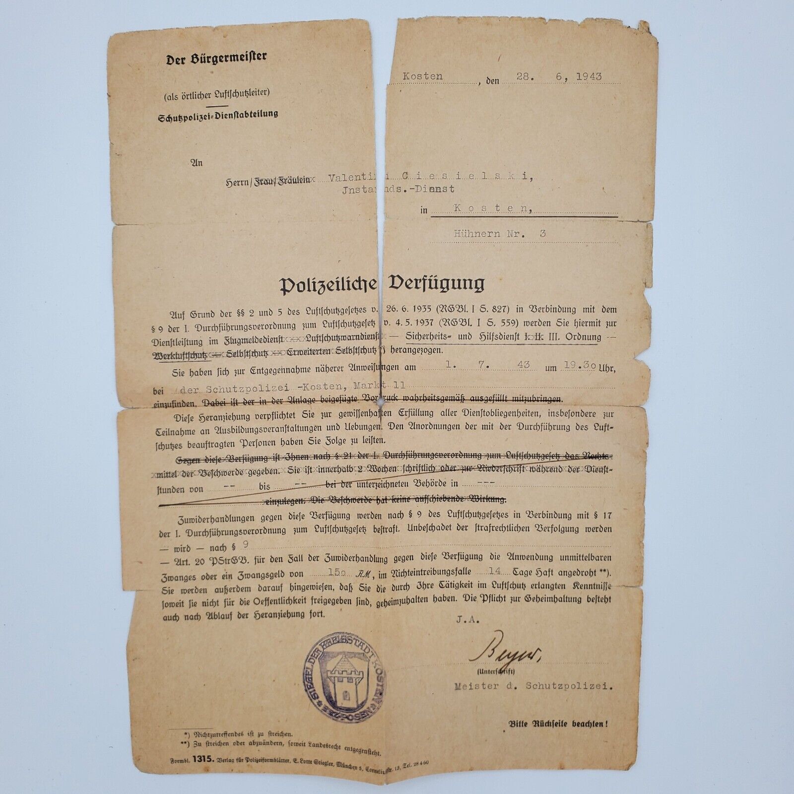 Original WW2 German air protection police document paper letter emergency troops