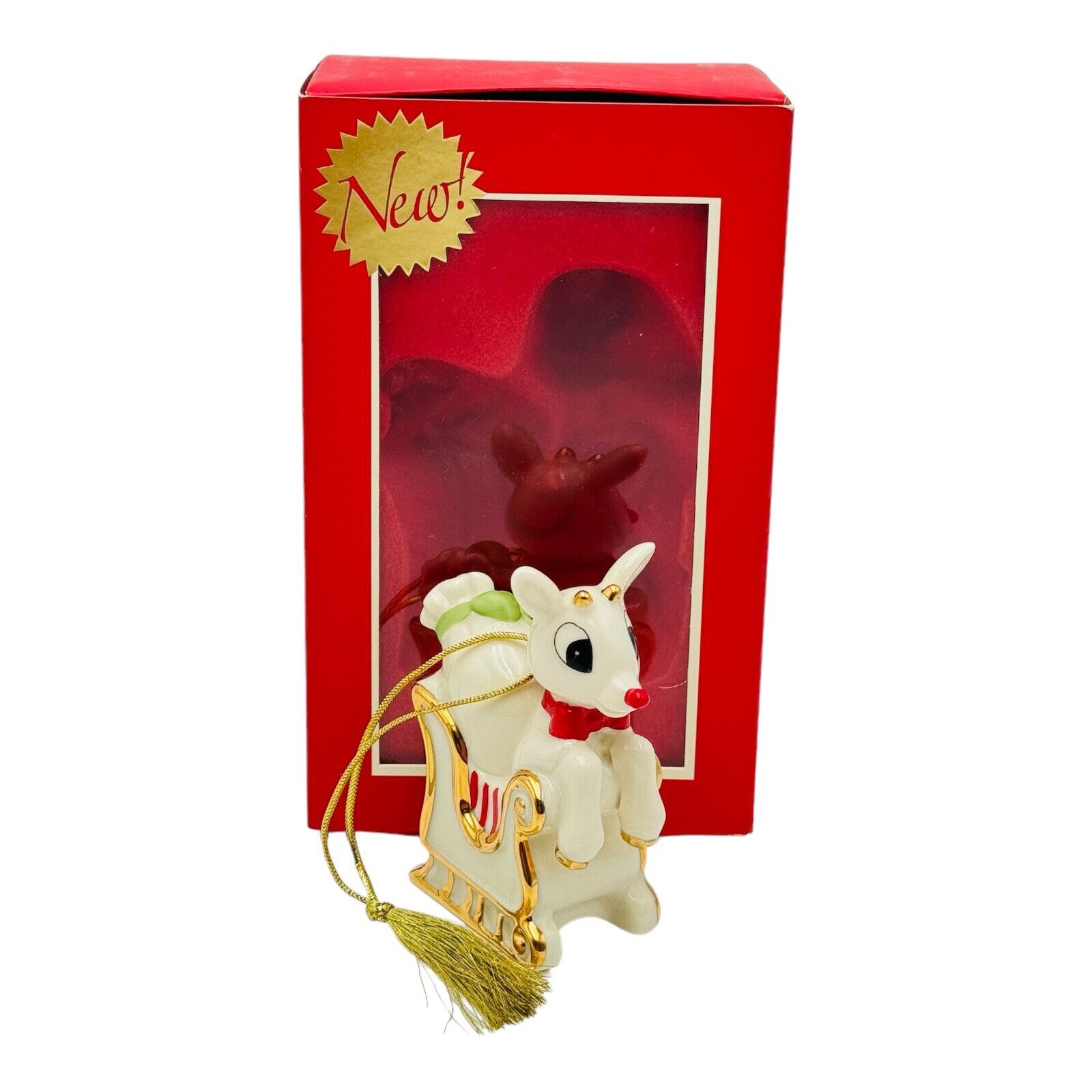 Lenox Rudolph’s Ride Porcelain Christmas Ornament Red Nose Reindeer On Sled NEW