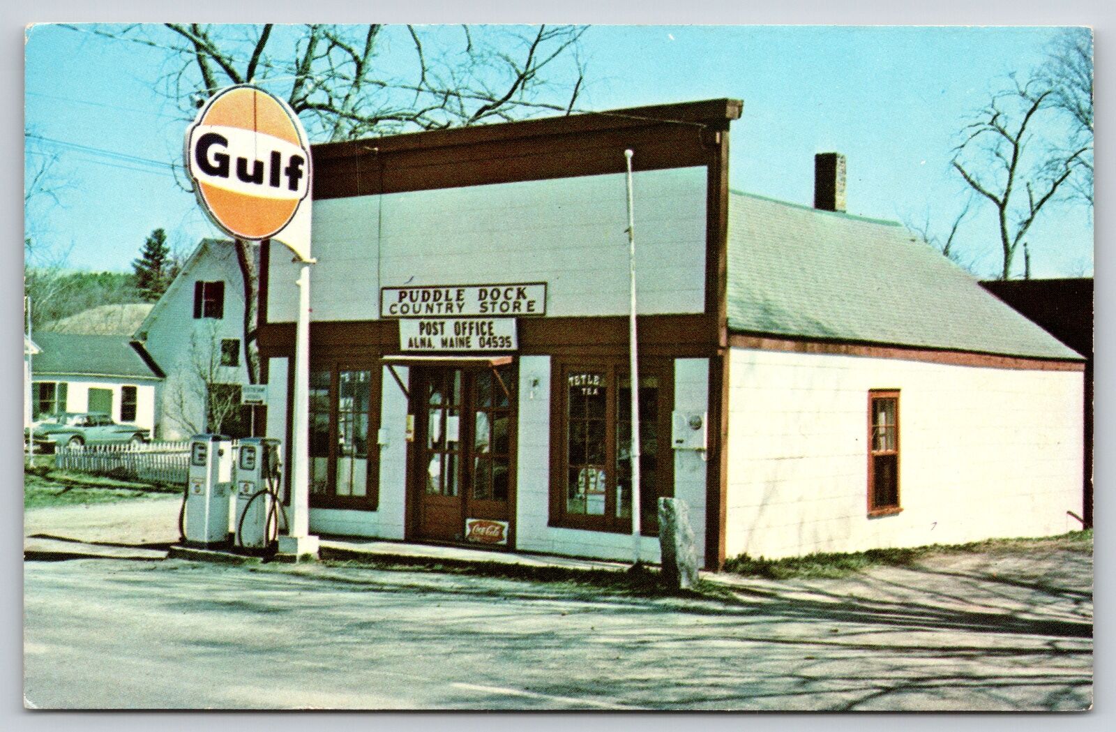 Alna Maine~Puddle Dock Country Store~Gulf Gas Pumps~Roadside~1960s Postcard