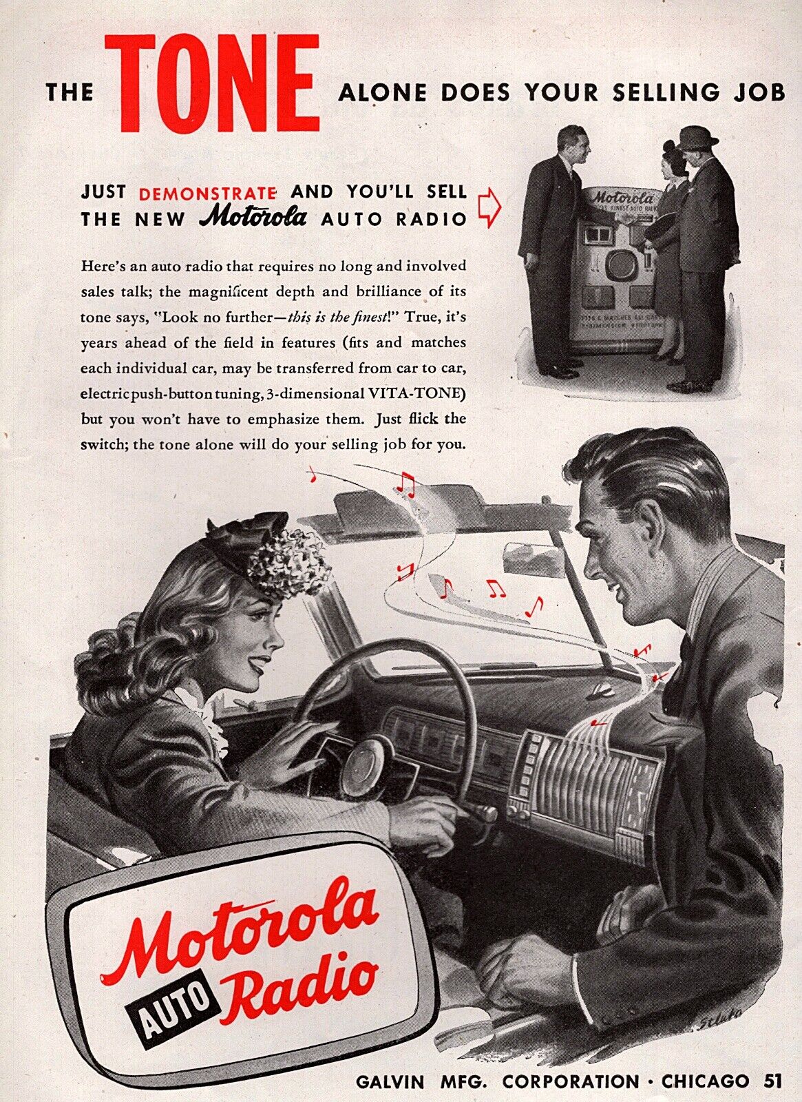 1946 Motorola Vita-Tone Auto Car Radio Original Print Ad 