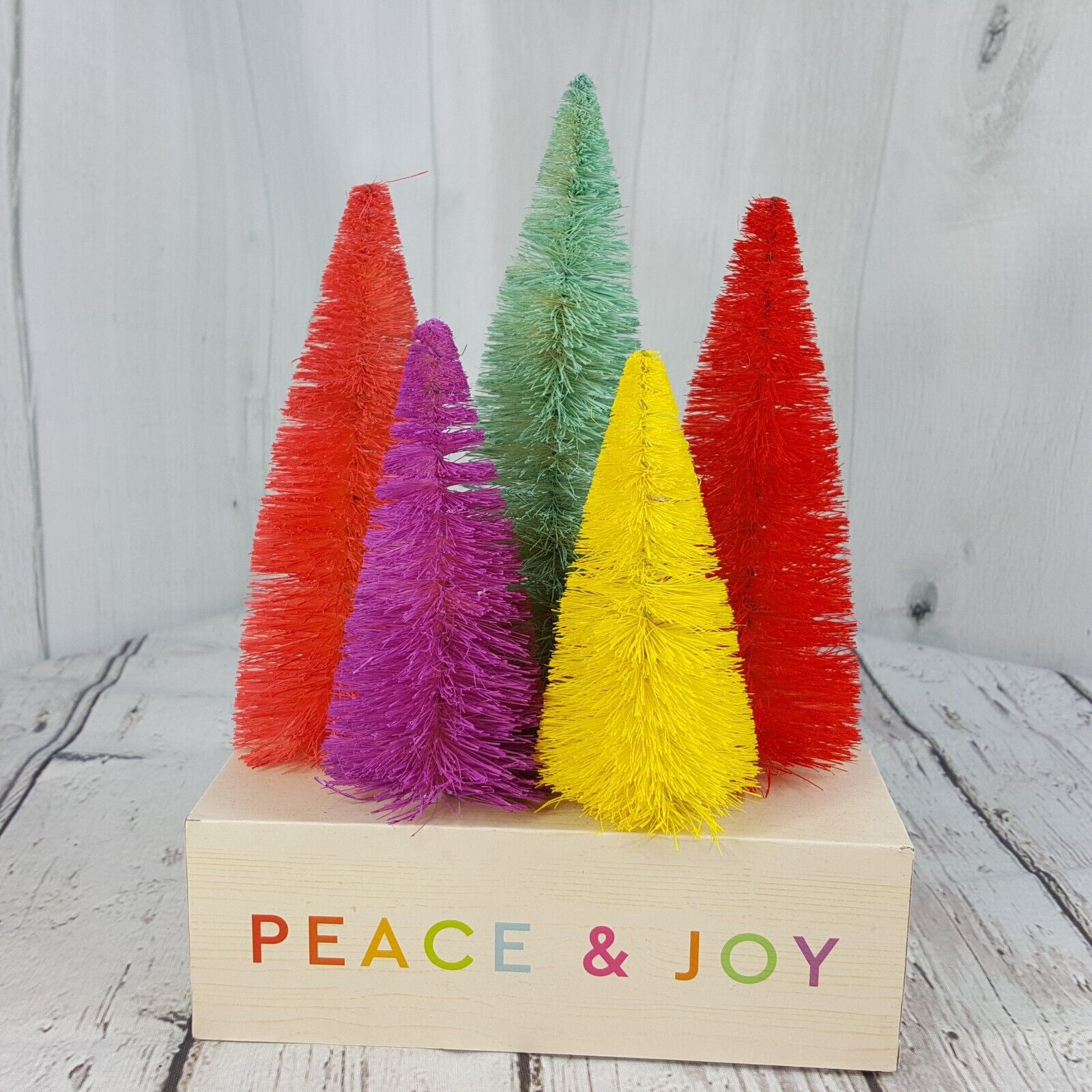 Peace & Joy Rainbow Colors Bottle Brush Trees Wood Block Shelf Christmas Decor