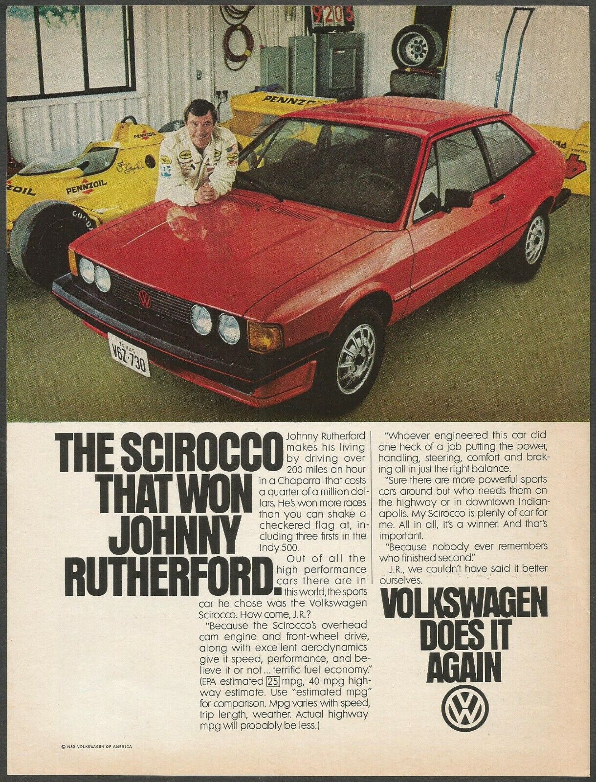WOLKSWAGEN SCIROCCO - Johnny Rutherford - 1981 Vintage Print Ad