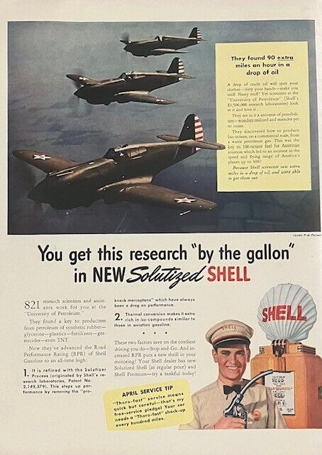 Rare 1941 Original Vintage Shell Gas WW2 Fighter Plane Army AD Advertisement