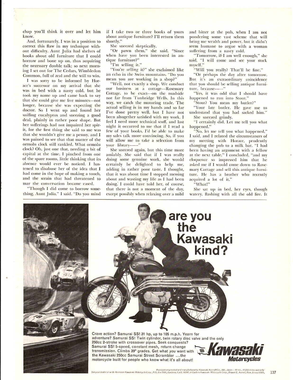 1967 Print Ad Kawasaki Motorcycles Crave Action? Samurai SS 31 hp up to 105 mph