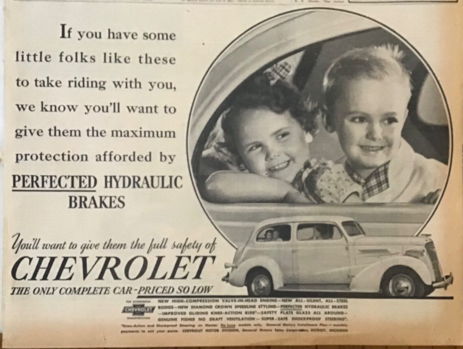 Large 1937 newspaper ad for Chevrolet -  Keep little folks safe, hydraulic brake
