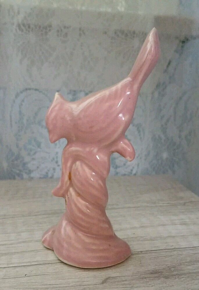 Vintage Bird On Tree Stump Pink Miniature Pottery Figurine