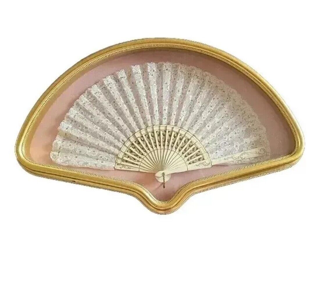 Antique Lace & Mother of Pearl Silver Sequin Hand Fan, Mounted In Shadow Box