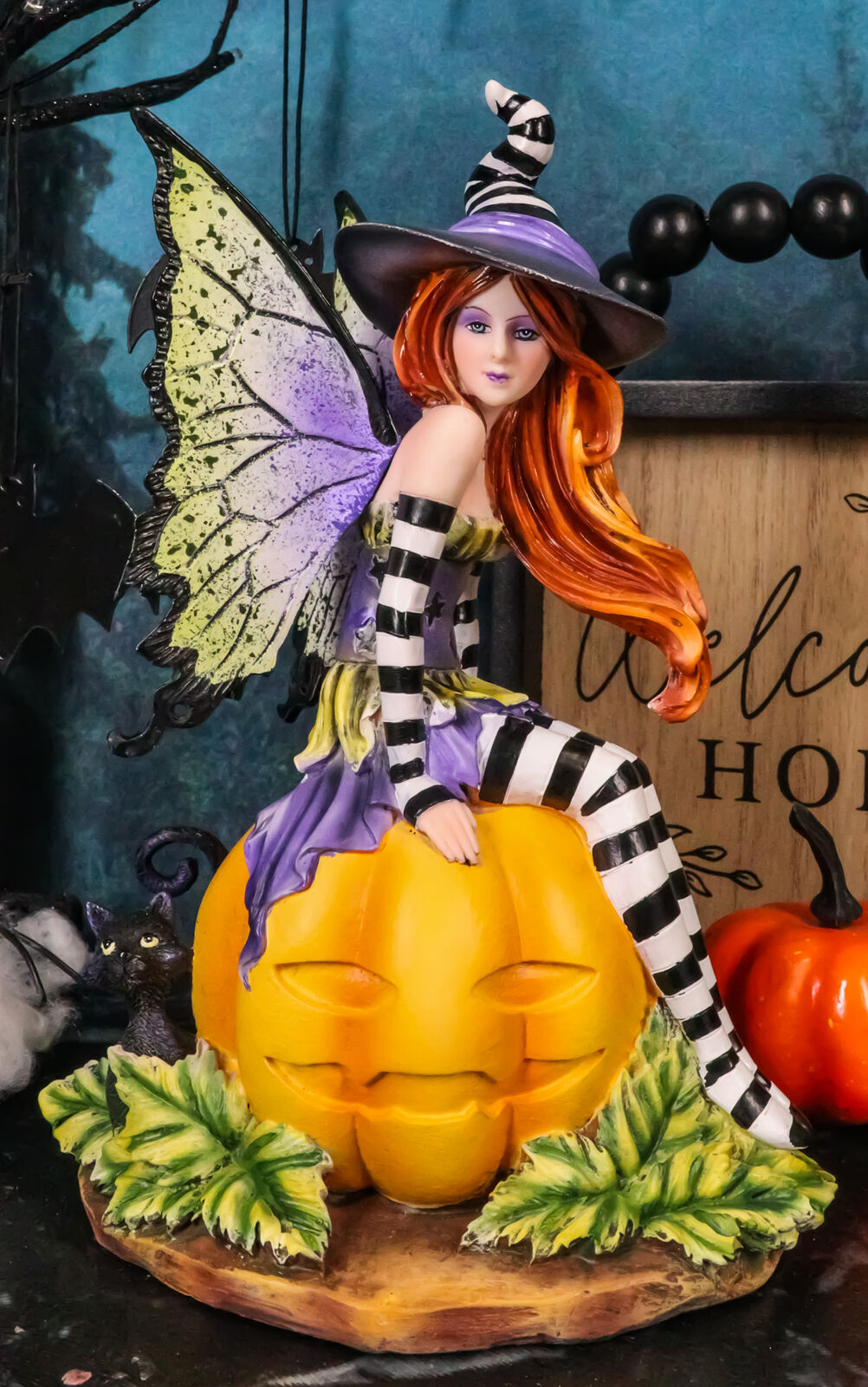Amy Brown Halloween Bewitched Fairy With Black Cat On Giant Pumpkin Figurine