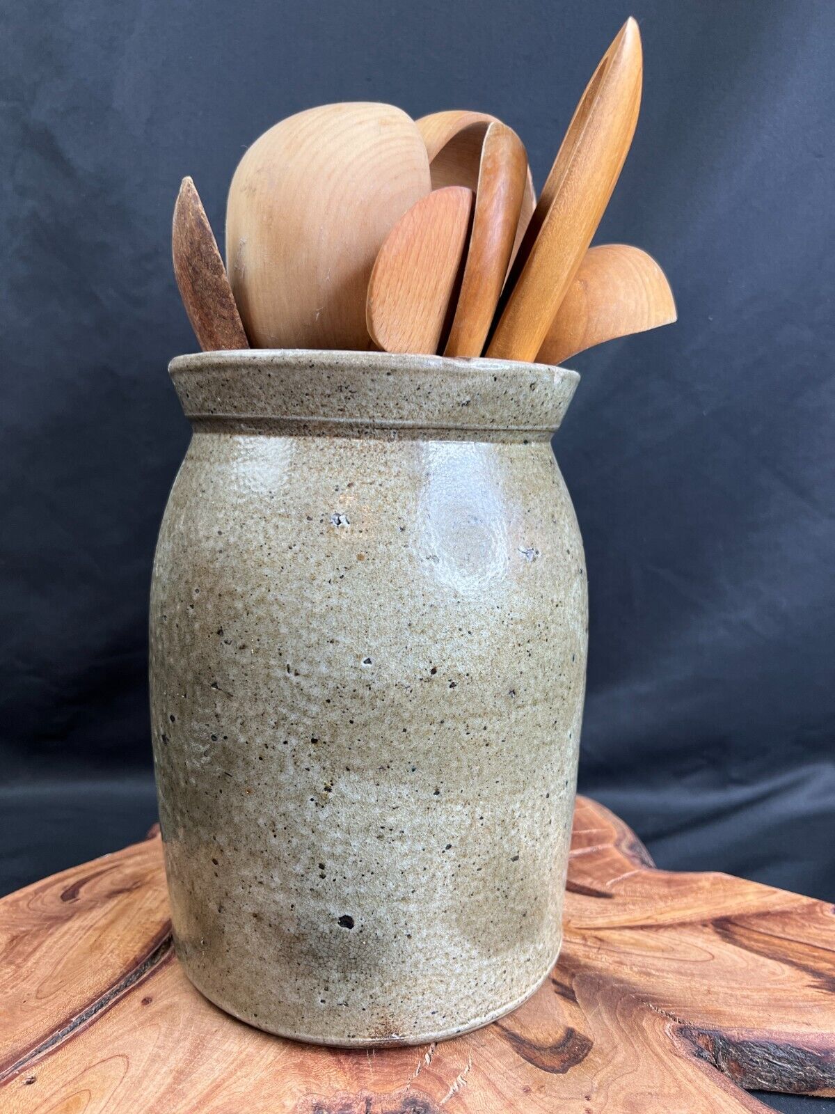 Vintage Salt Glaze Ceramic Crock Stoneware With Wooden Cooking Utensils