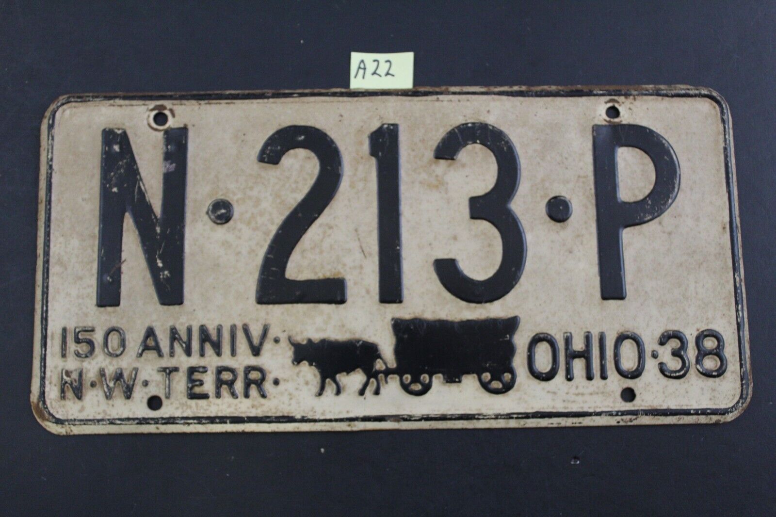 Vintage - 1938 OHIO LICENSE PLATE - N 213 P - 150 ANNIV N W TERRITORY PLATE (A22