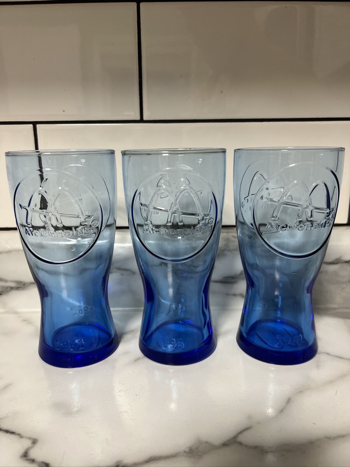 Vtg 1961 Blue McDonalds Style Coke Glass Cup Lot Of 3 Collectors Glassware 6.5\