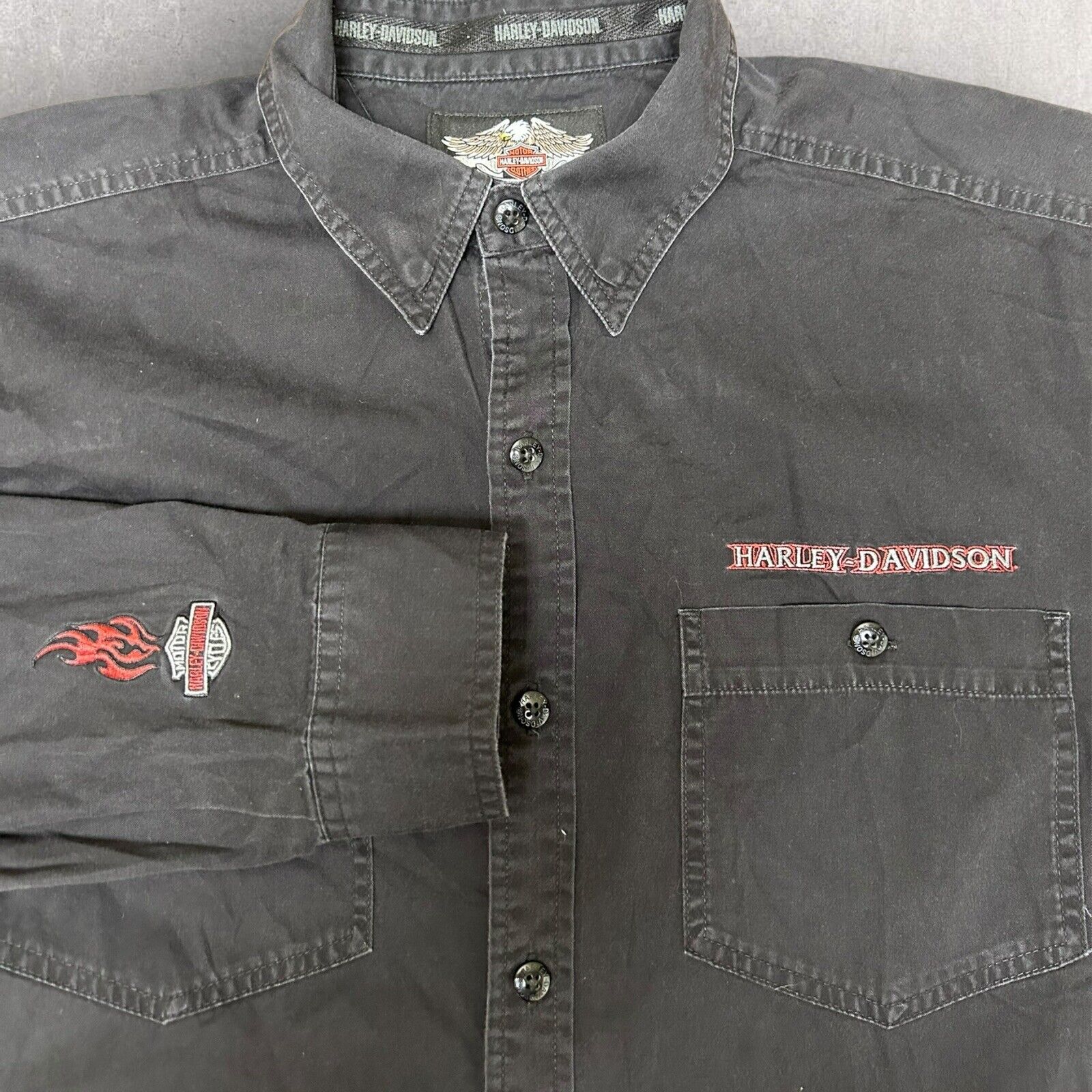 VTG Harley Davidson Button Up Shirt Flames Black Oversized Large Embroidered