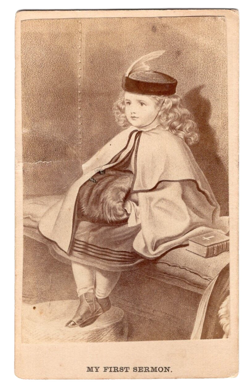 MY FIRST SERMON 1860s Victorian Art Card Album Filler Girl Muff Bible Cape CDV