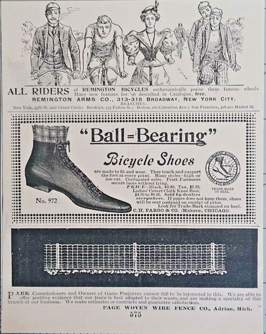Antique Bicycle Vtg Print Ad 1896 Art Remington Ball Bearing Bicycle Shoes