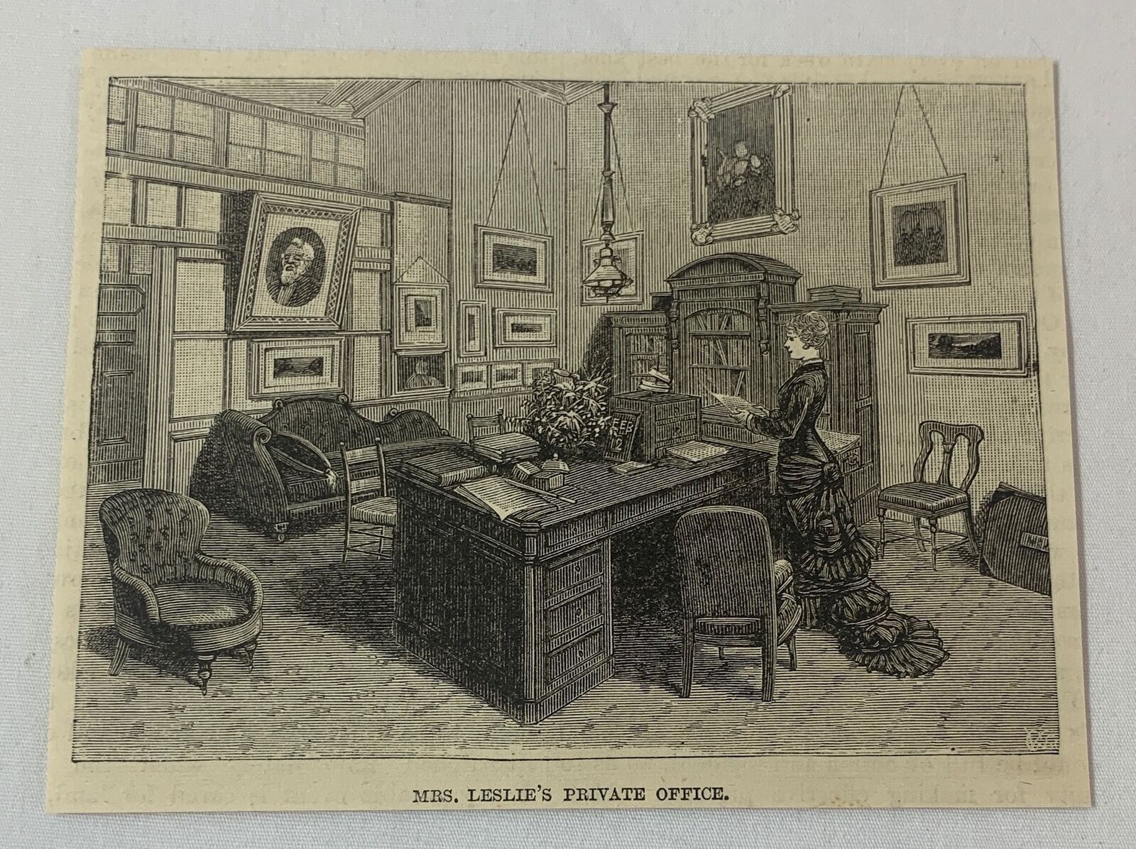 1883 magazine engraving~MRS LESLIE'S OFFICE, FRANK LESLIE BUILDING New York City