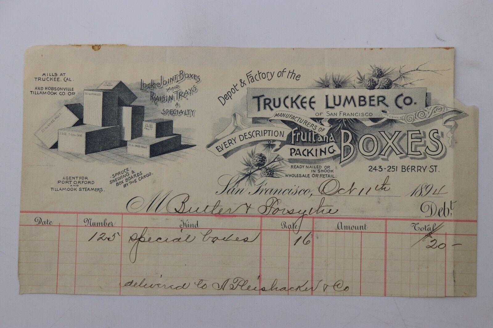 1894 USA Ephemera invoice recipe statement San Francisco Truckee Lumber Co Fruit
