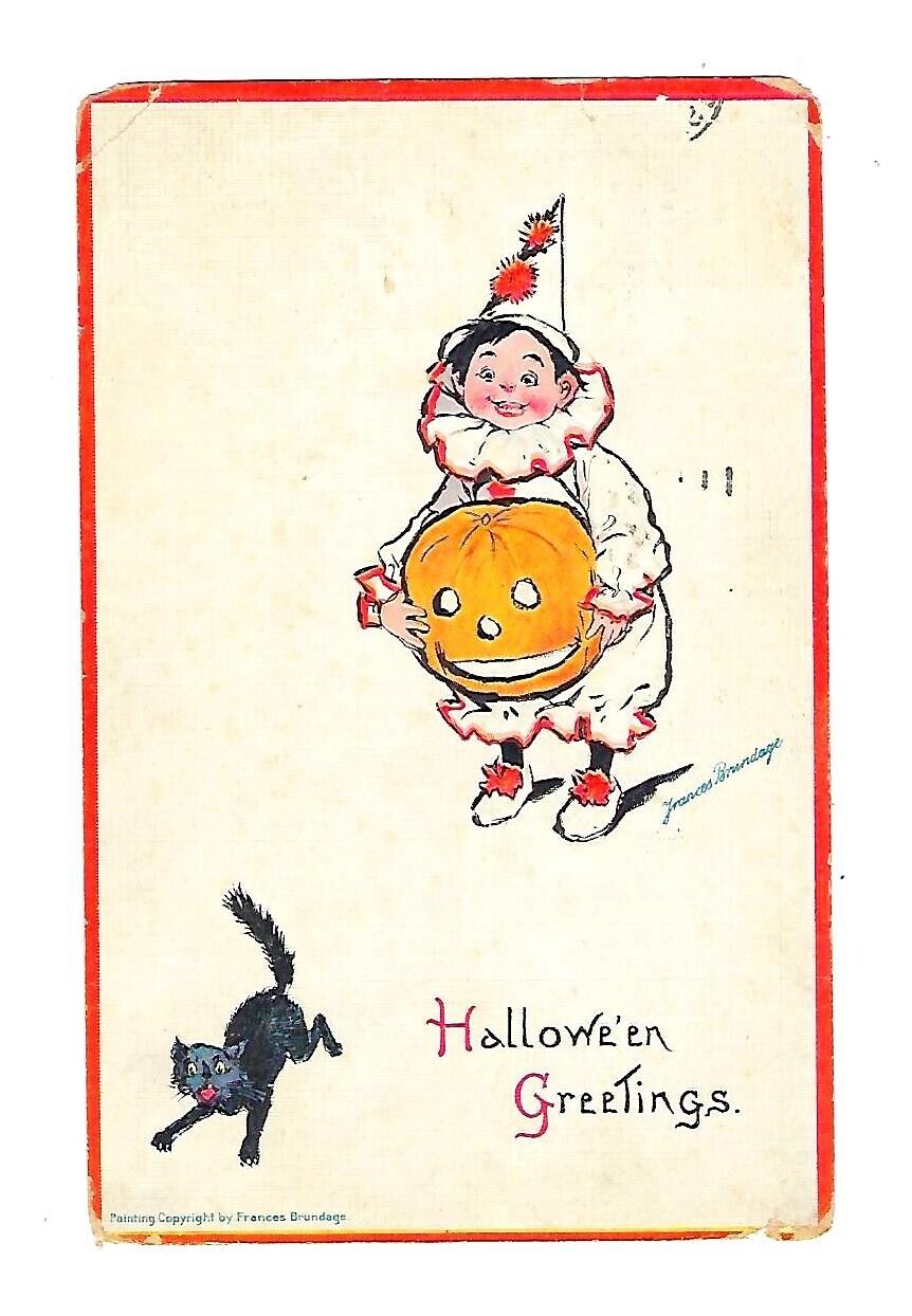 1915 Signed Brundage #123 Halloween Postcard Young Boy Pumpkin/Black Cat