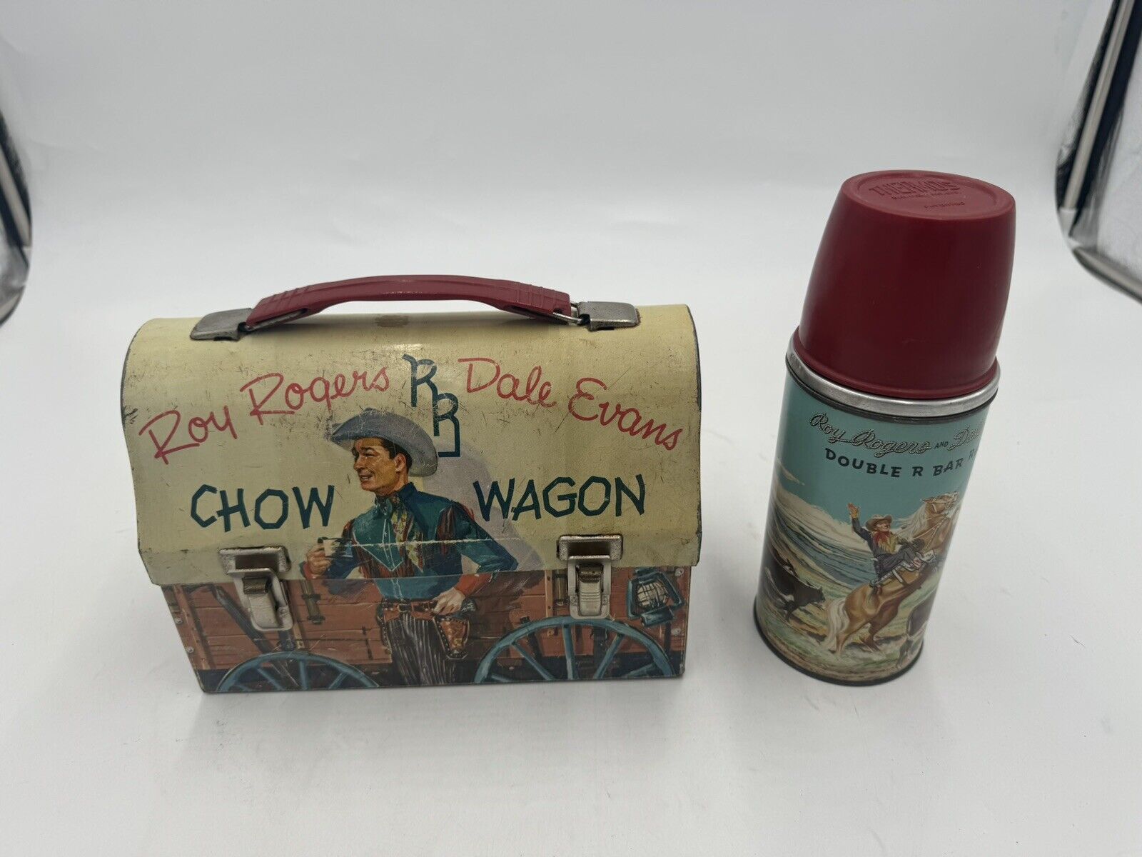 Vintage Roy Rogers Chow Wagon Dome Top Metal Lunchbox w/Thermos + Holder 1955