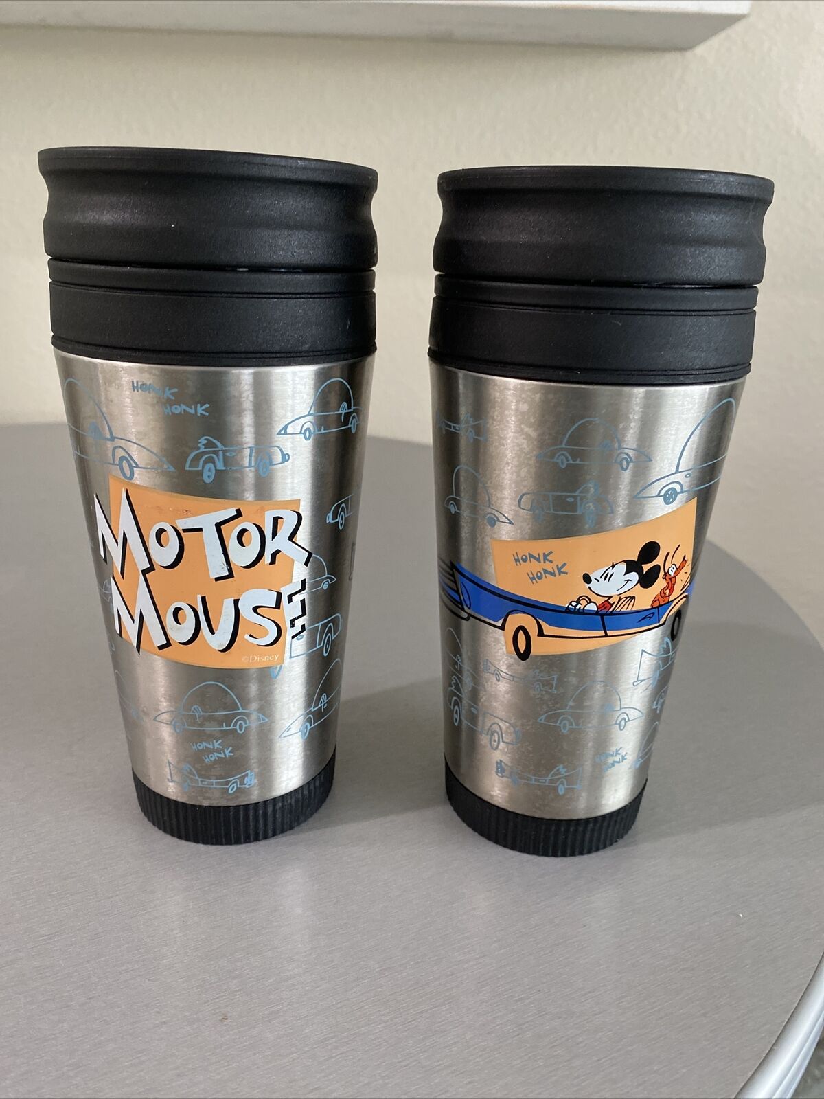 Disney Store Motor Mouse Mickey Plastic Metal Coffee Travel Lidded Tumbler New