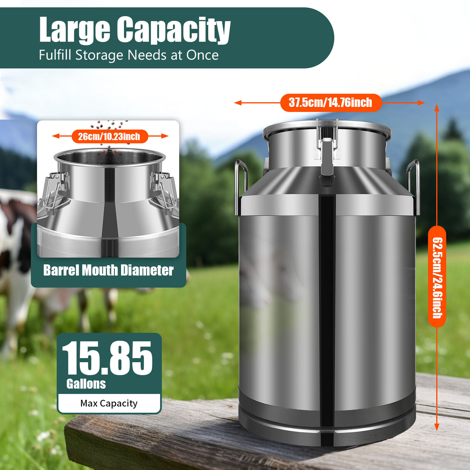 US 60L 15.8 Gallon Stainless Steel Milk Can Barrel Milk Jug Milk Bucket Storage