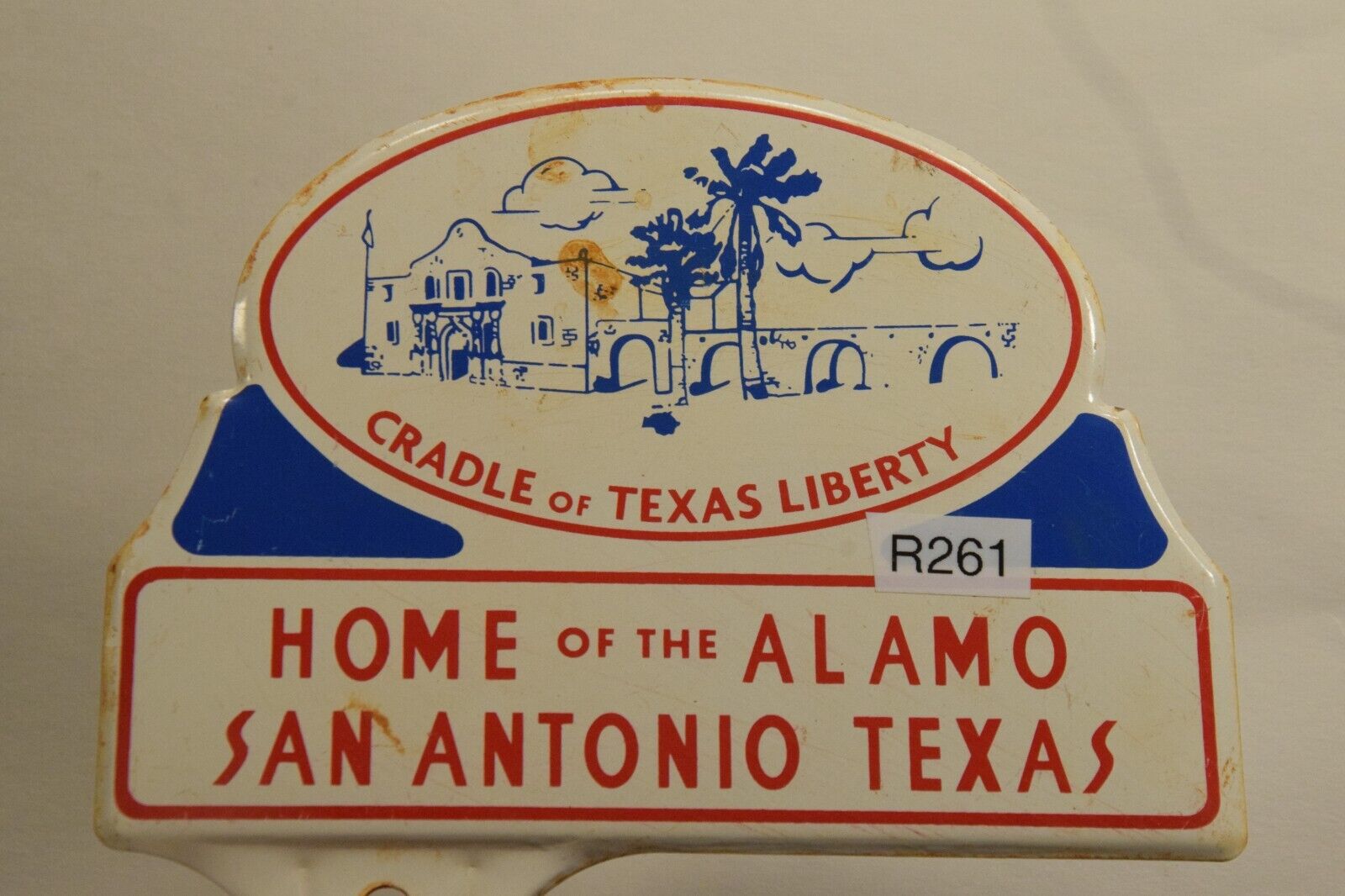RARE 1950s HOME OF THE ALAMO SAN ANTONIO TEXAS STAMPED PAINTED METAL TOPPER SIGN