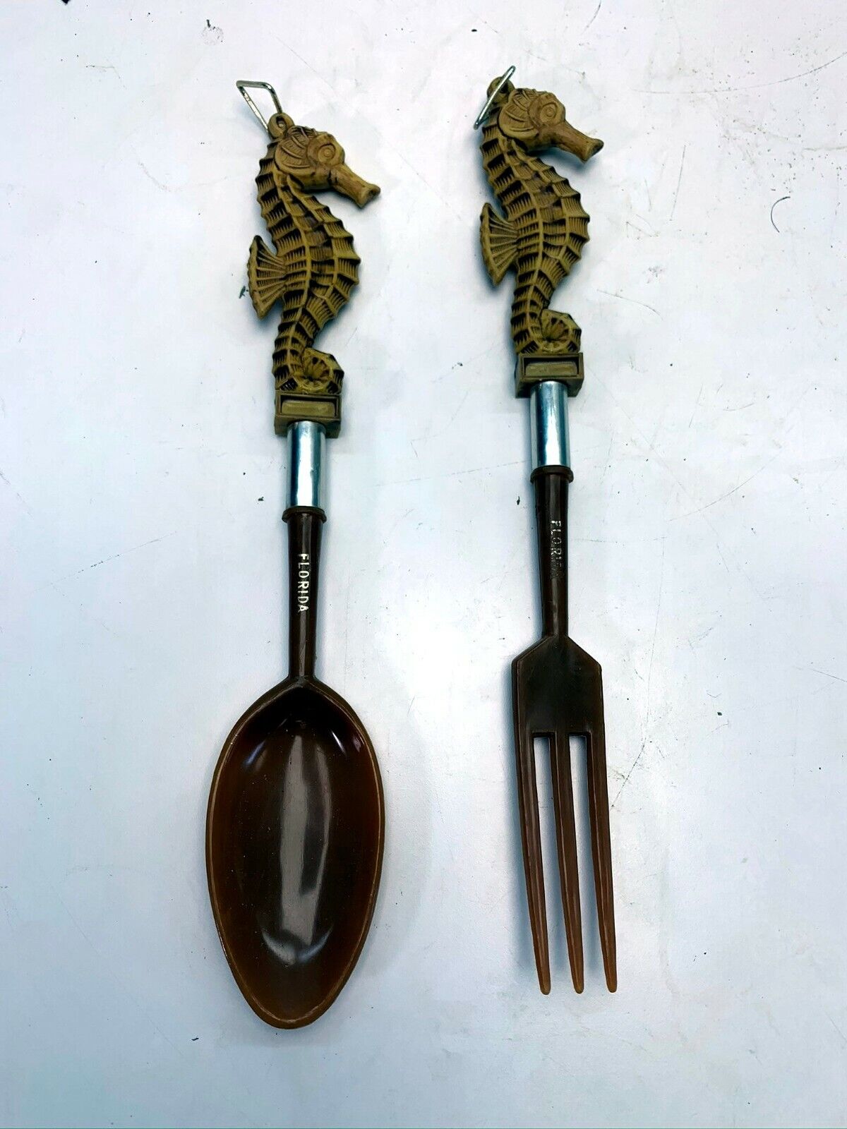 Vintage Seahorse Salad Two Piece Large Fork and Spoon Serving Set Hong Kong 