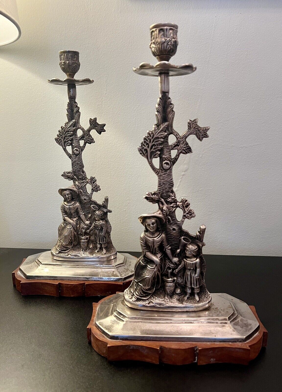 Pair of Victorian Revival Mother & Daughter Figural Pewter Candlestick Holders 