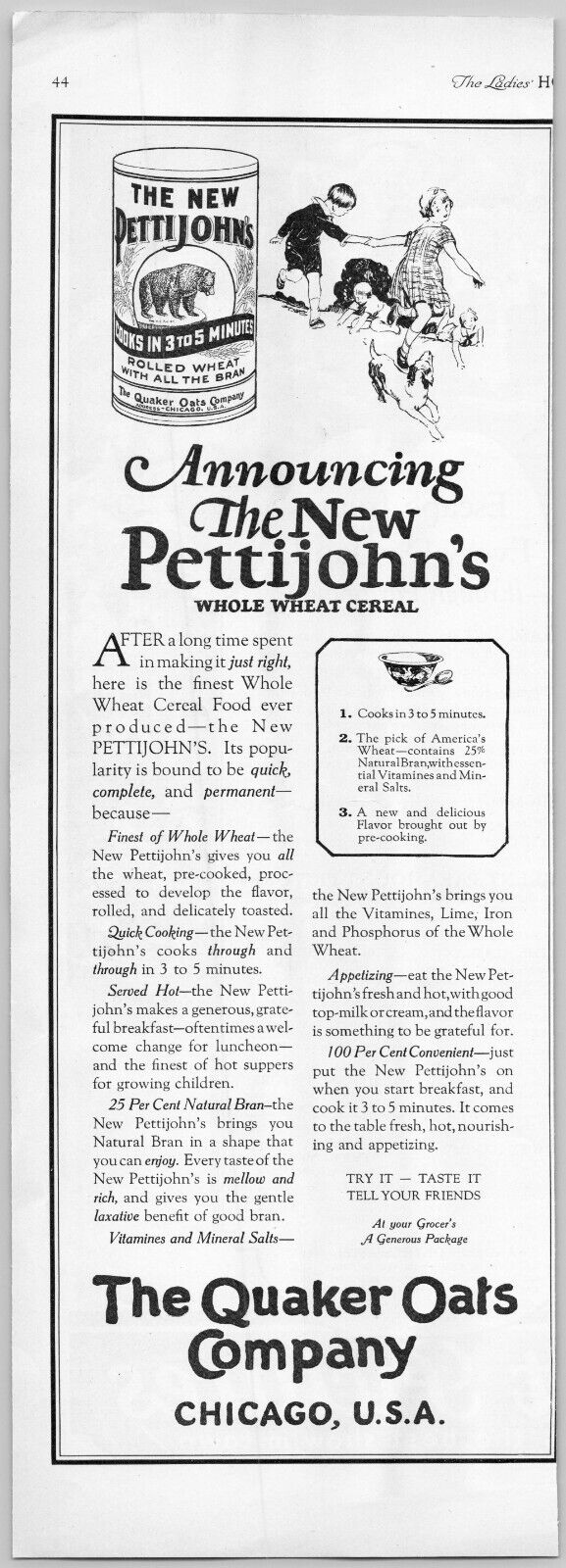 1924 Quaker Oats Pettijohn\'s Whole Wheat Cereal Vintage Print Ad Dog Kids