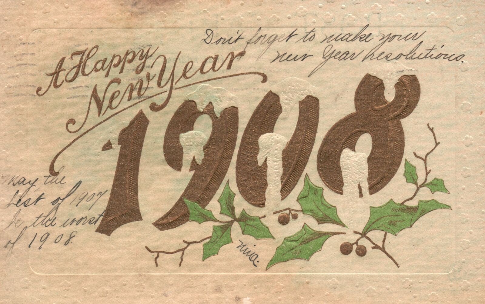 Vintage Postcard 1907 A Happy New Year Calendar Year Date 1908 Snow Greetings