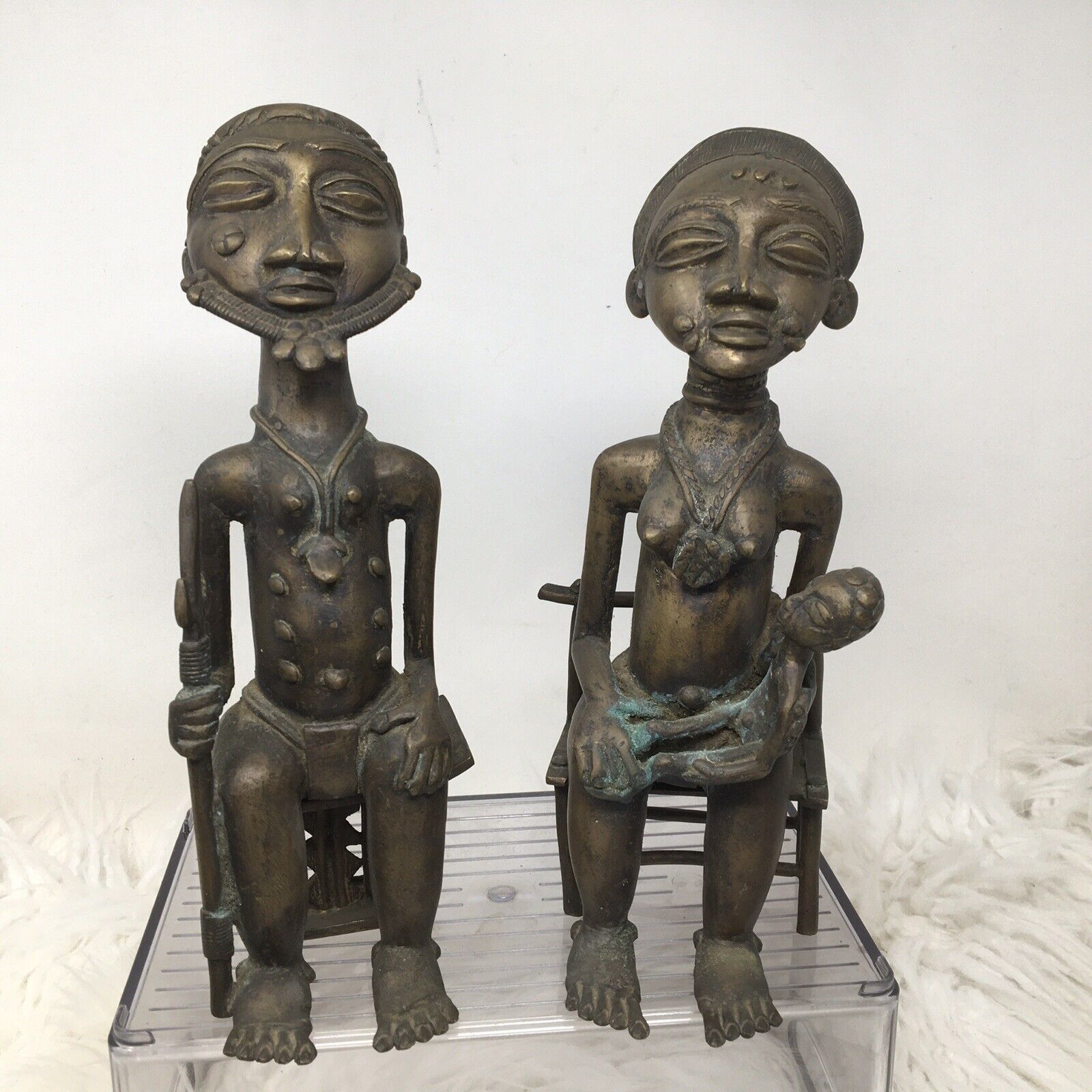 African Tribal Art  Bronze Baule King & Queen Figure Sitting W/  Baby Ancestors