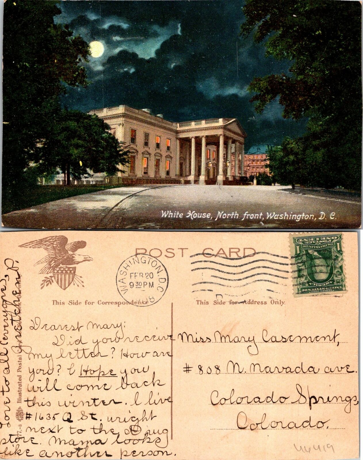 Washington DC North Front at Night Postcard Used (46419)